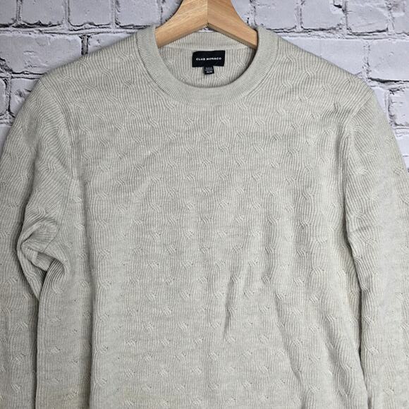 Club Monaco 100% Wool Cream Beige Khaki Crew Neck Cable Knit Sweater Size Medium - Picture 3 of 13